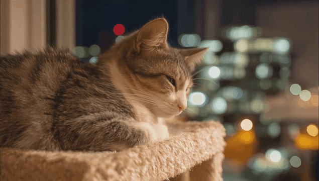 A cat resting by a window at night