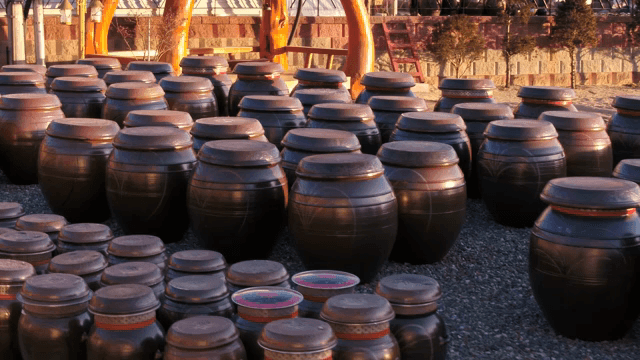 마당에 놓인 전통 한국 항아리