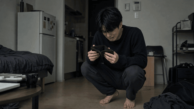 A man looking at an empty wallet in distress