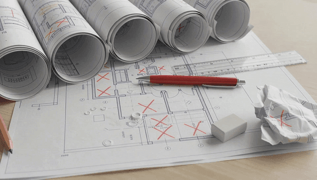 책상 위의 청사진과 도구들