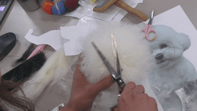 Woman making fluffy puppy model out of wool
