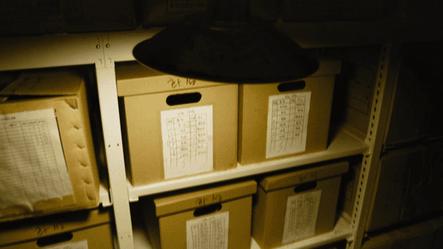 Record storage room with labeled boxes