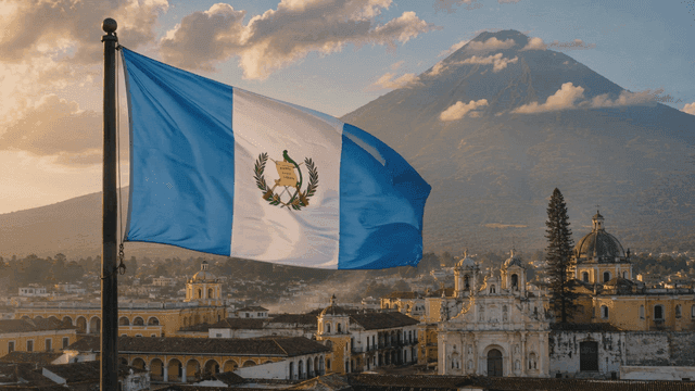 Guatemalan flag fluttering over historic village landscape