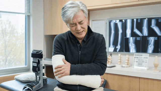 Elderly person with arm cast at clinic