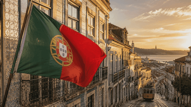 Portuguese flag waving in a city street