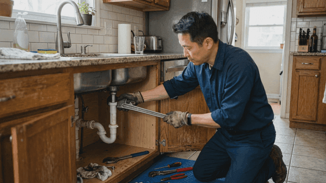 Man fixing kitchen sink plumbing.