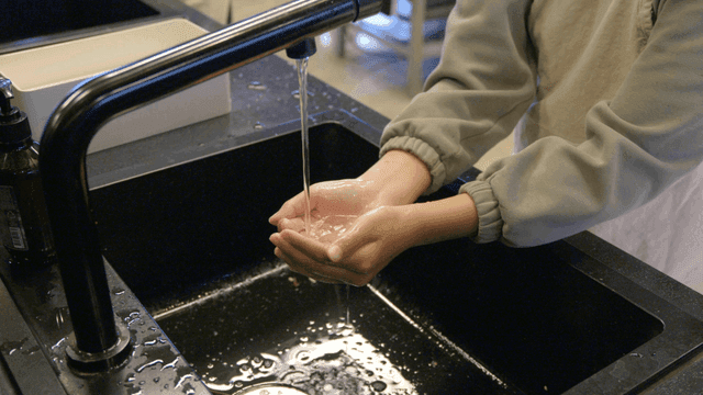 Person washing hands under running water