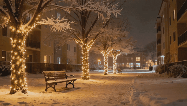 눈 덮인 밤에 불빛이 감싸인 나무