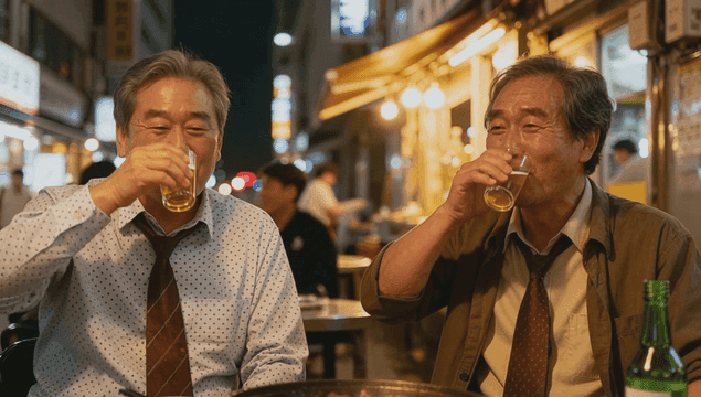 Two friends enjoying drinks at a night market