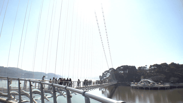 People walking on a modern suspension bridge