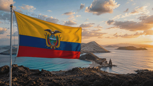 Ecuadorian flag waving by the sea at sunset