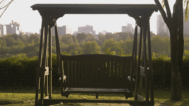 Wooden swings in park with view of city