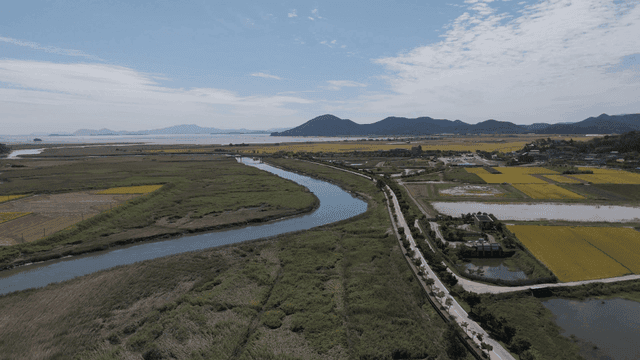 Wide farmland with winding river