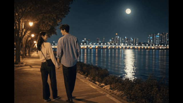 Couple walking along riverbank at night