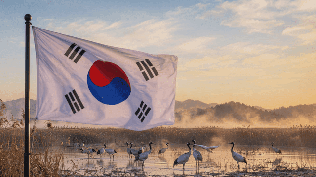 Korean flag with cranes at sunrise