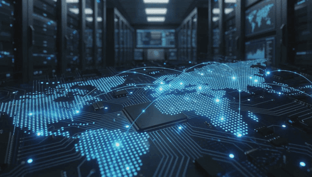 Data center with glowing network map