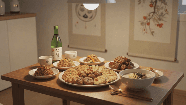 Table set with traditional Korean dishes