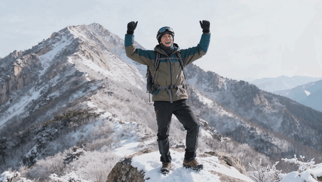 Joyful hiker on a snowy mountain peak