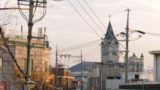 Landscape with buildings and church