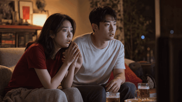 Nervous couple watching TV and drinking beer