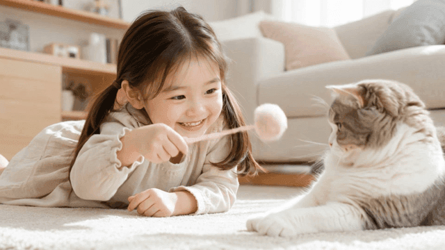 Girl playing with cat in living room