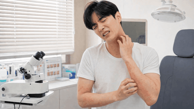 Male patient with skin condition scratching his neck uncomfortably