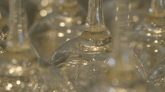 Shining, aligned glass wine glasses