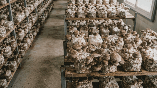 Mushrooms growing on shelves in a farm