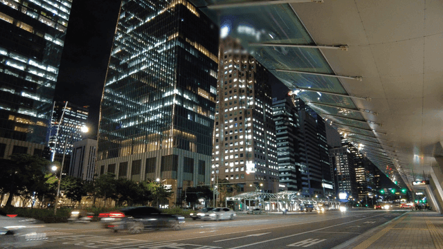 Night view of a bustling city street