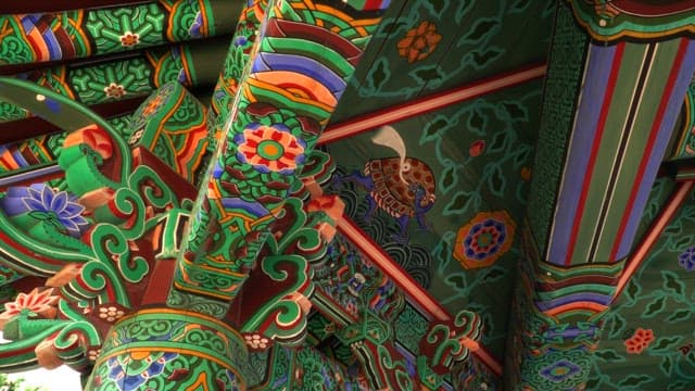 Intricate patterns on a traditional Korean temple