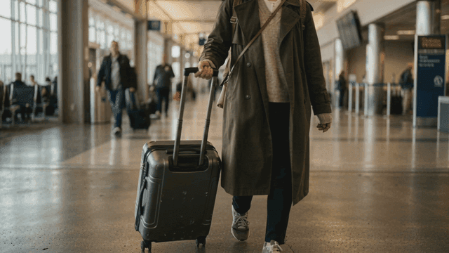 Woman pulling suitcase at airport terminal