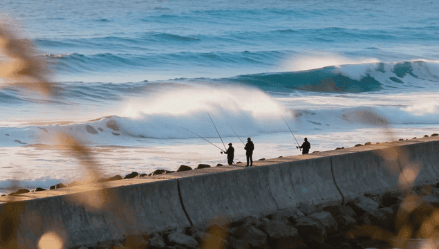 People fishing by the sea with waves