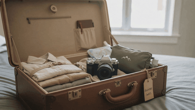 옷과 카메라가 들어있는 여행 가방