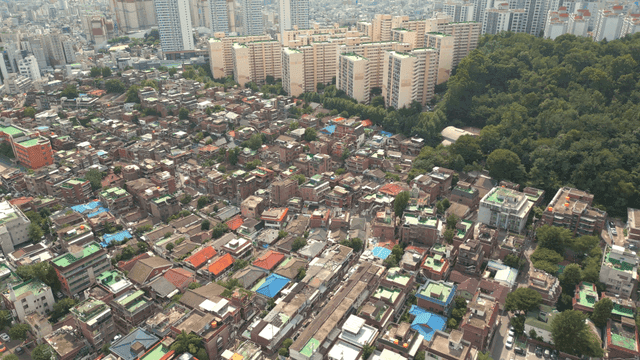 Aerial view of a city with high-rise buildings