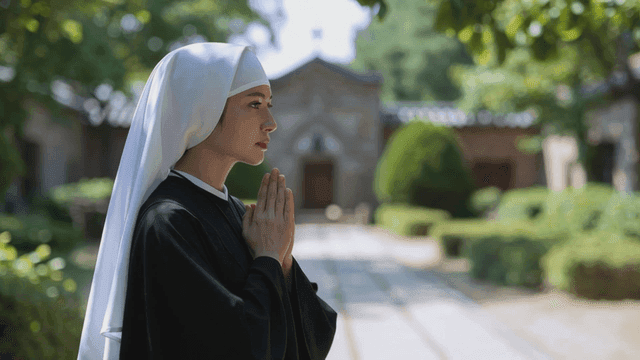 Nun praying in peaceful garden