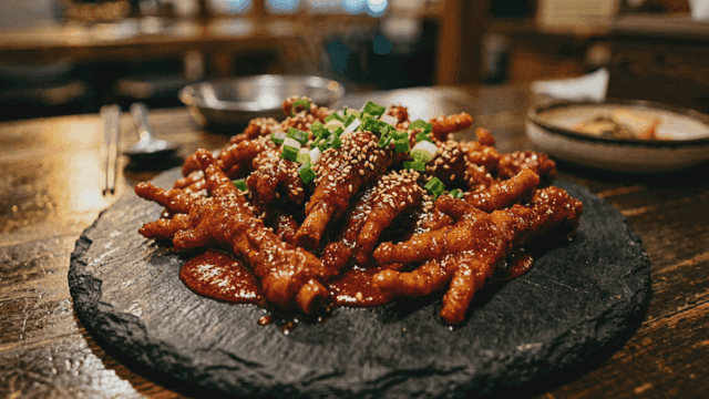 Spicy chicken feet topped with sesame seeds