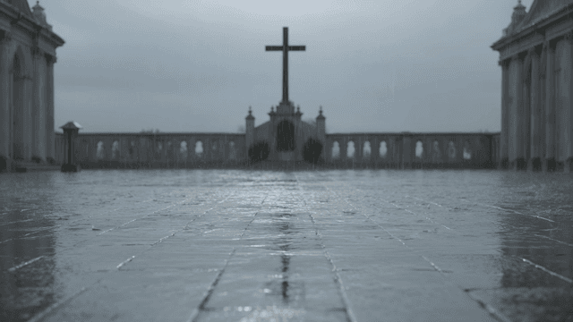 Churchyard on rainy day