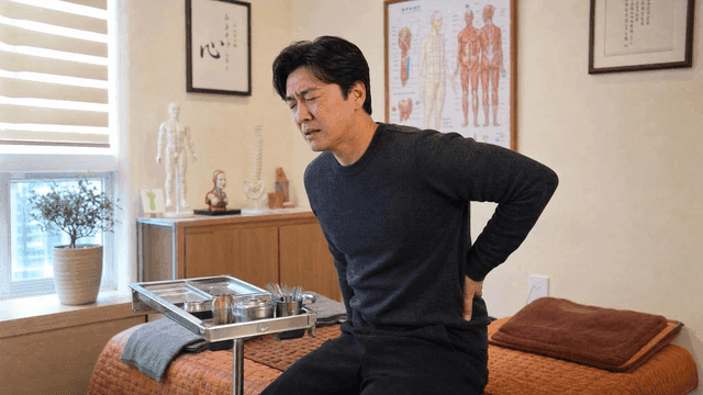 Male patient suffering from back pain at Korean medicine clinic