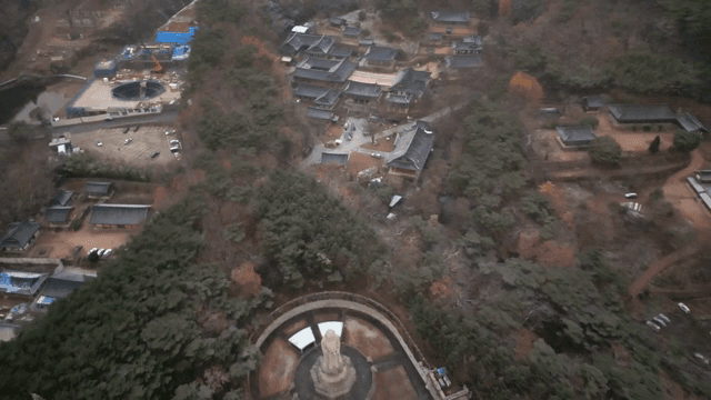 숲으로 둘러싸인 사찰의 항공 뷰