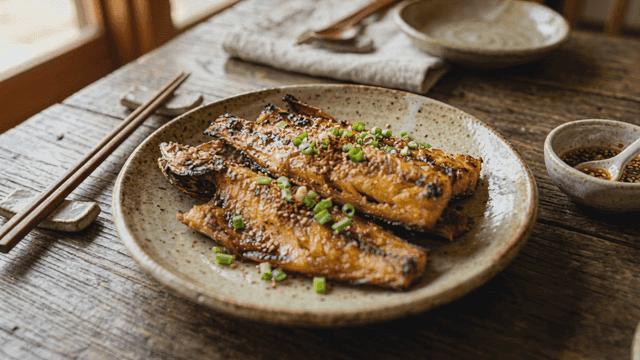 Grilled fish garnished with green onions