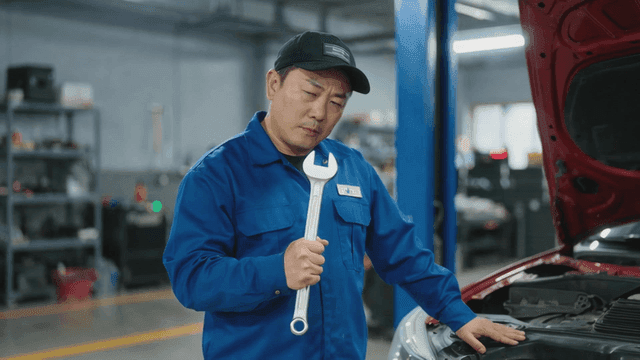 Car mechanic holding wrench