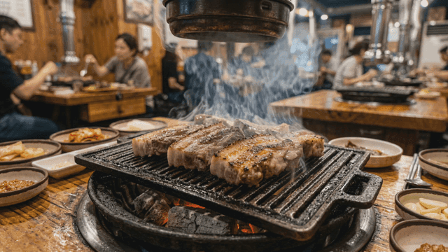 Pork belly being grilled at restaurant