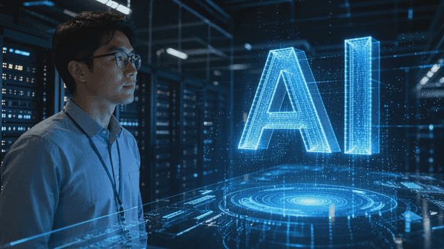Man observing AI hologram in server room