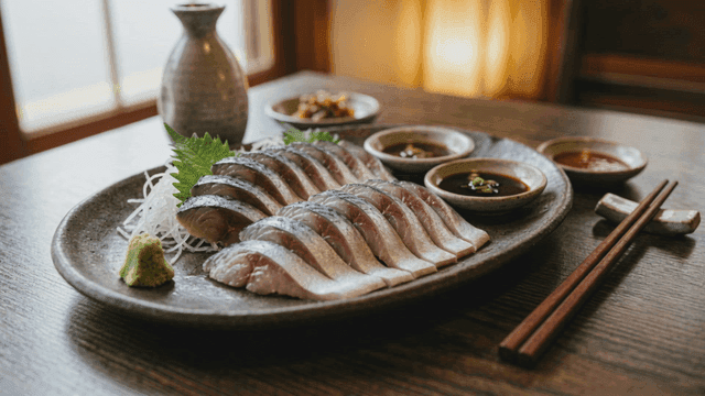 Wasabi soy sauce and fresh mackerel sashimi