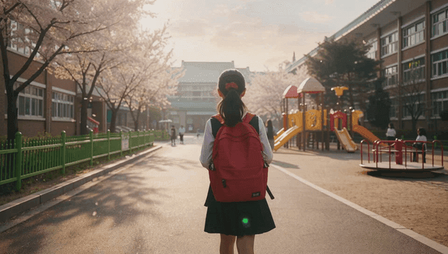 Back of a female student walking to school under cherry blossoms