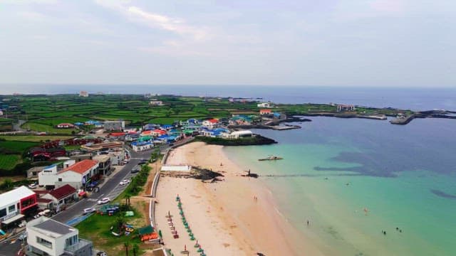 Colorful houses next to the sea and farmland