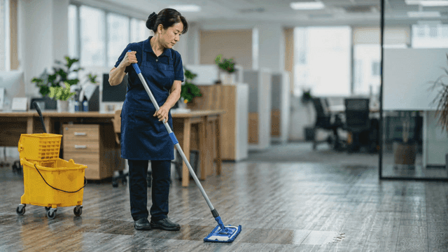 Office worker cleaning the floor