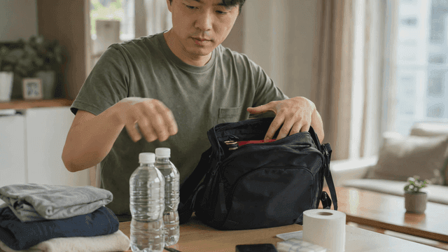 Man putting travel essentials into bag