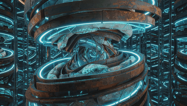 Futuristic spiral structure with neon lights