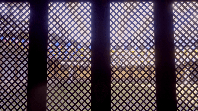 Traditional Korean house window with colorful lanterns